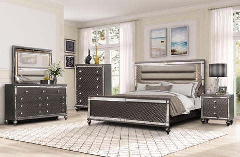 VERONICA - 6 PC BEDROOM SET WITH MODERN FINISH, LEATHER HEADBOARD WITH LED LIGHTS AND MIRROR OUTLINES