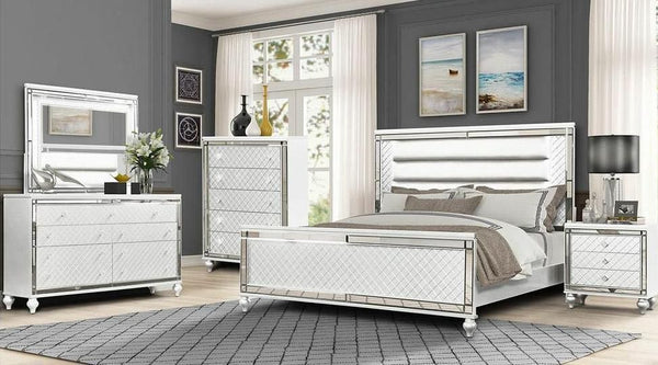 VERONICA - 6 PC BEDROOM SET WITH MODERN FINISH, LEATHER HEADBOARD WITH LED LIGHTS AND MIRROR OUTLINES