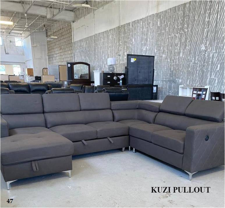 KUZI STYLISH GREY FABRIC SOFA BED WITH STORAGE CHAISE AND USB PORTS