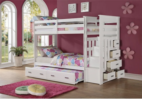 MIAN BUNK BED - SINGLE OVER SINGLE WITH SOLID WOOD TRUNDLE, DRAWERS, STAIRCASE