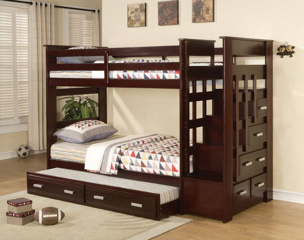 MIAN BUNK BED - SINGLE OVER SINGLE WITH SOLID WOOD TRUNDLE, DRAWERS, STAIRCASE