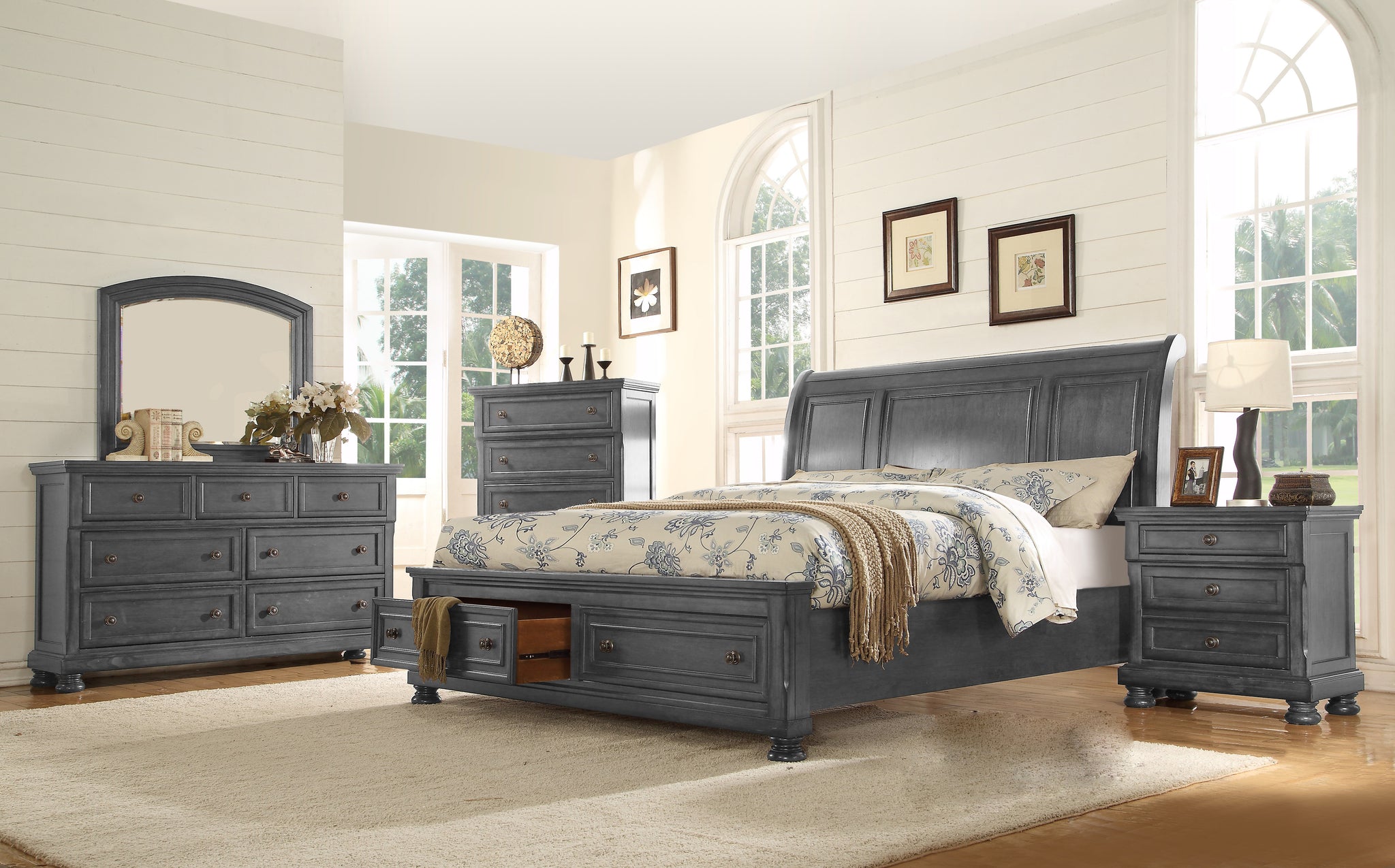 PARKER - 6 PC SLEIGH BEDROOM SET (Grey)